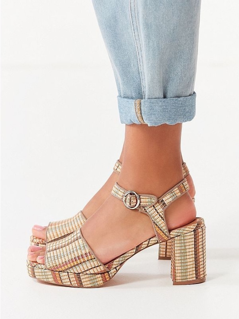 Urban Outfitters Woven Multicolor Block Heel Sandals - Tan, Cream, Brown, Yellow
